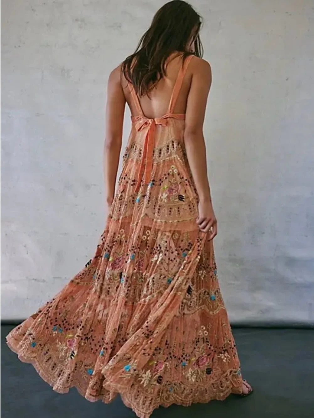 EXQUISITE Free People Peach Embroidered and beaded Maxi Dress - Picture 3 of 14